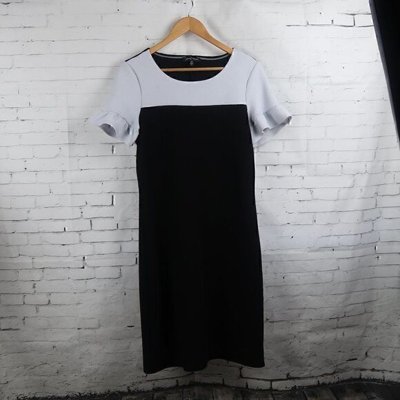 SLINKY BRAND BLACK & WHITE COLORBLOCK RUFFLE SLEEVE ROUND NECK MIDI DRESS SIZE S - Picture 1 of 9